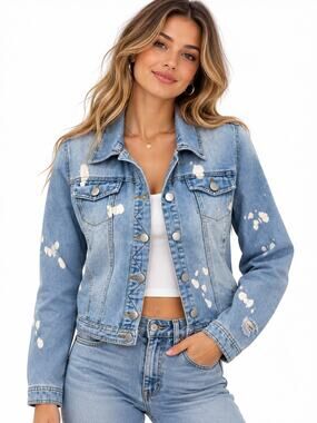 Active USA Denim Jacket Women’s Size L Light Wash Distressed Paint Splatter